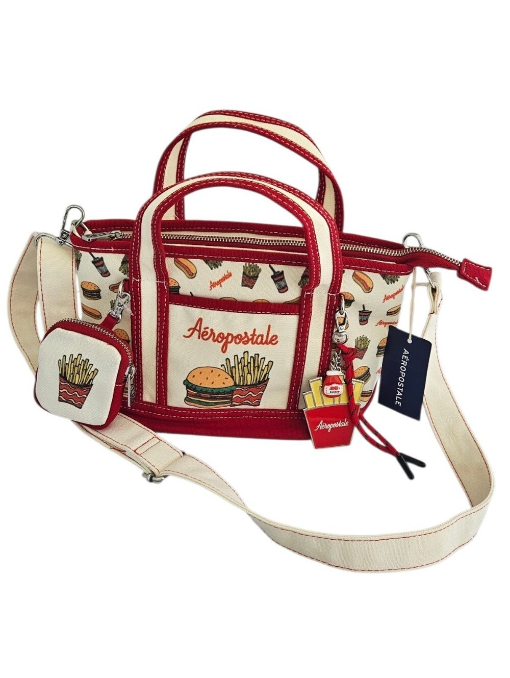 Aeropostale Canvas Fast Food, French Fry & Burger Print Crossbody Tote Bag NWT!